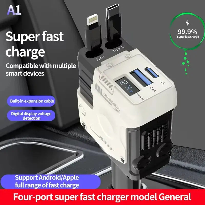 Retractable Car Charger, Super Fast Charger 4-in-1 Adapter - white Babarify