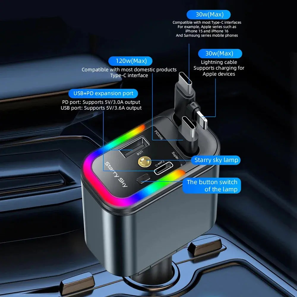 Retractable Charger, Car Charger 5-in-1 180W Power Adapter - Babarify