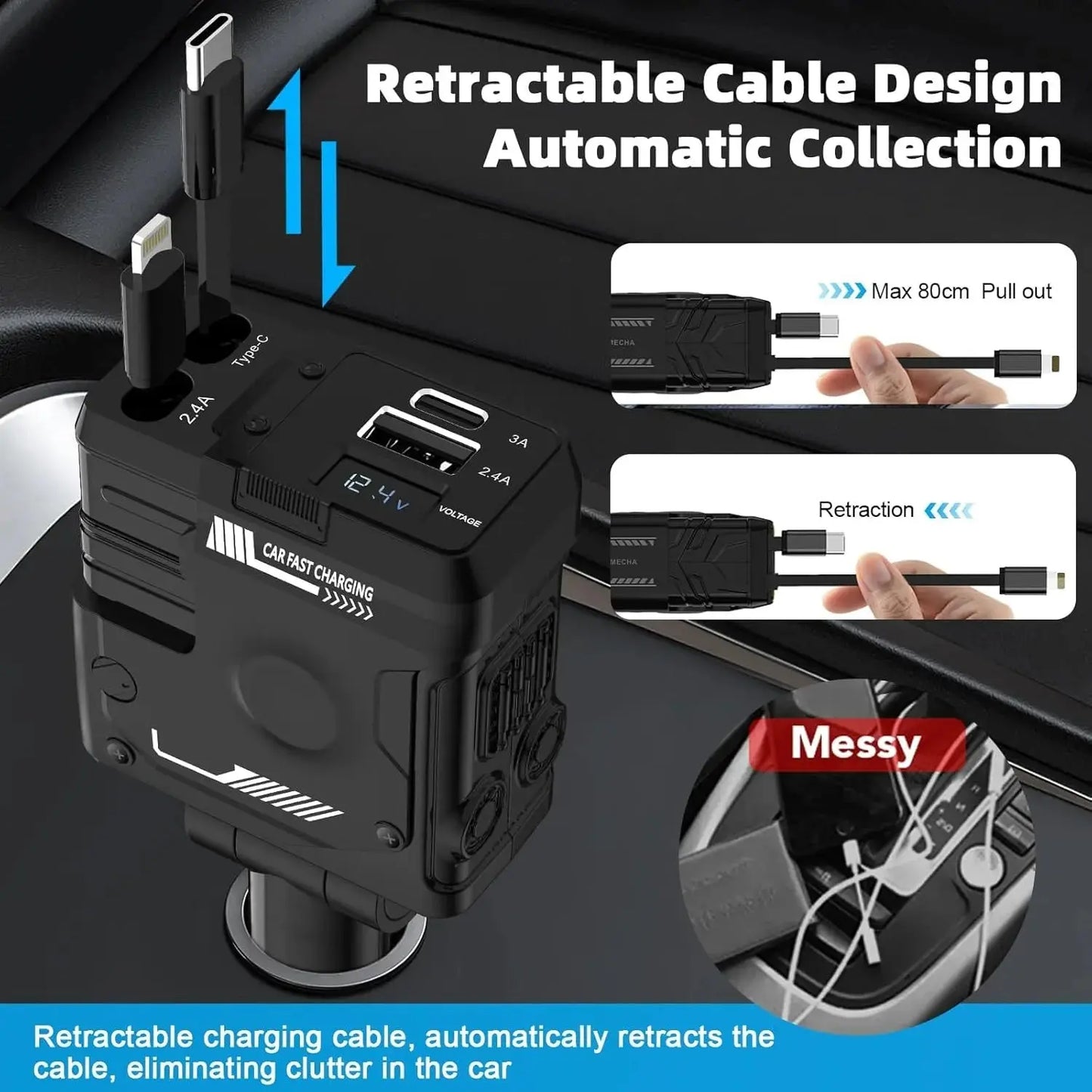 Retractable Car Charger, Super Fast Charger 4-in-1 Adapter - Babarify