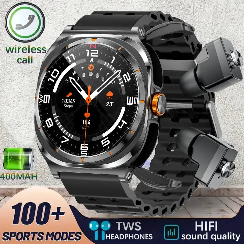 Wireless Bluetooth Smart Watch with TWS Earphones 2-in-1 - Black silicone tape Babarify
