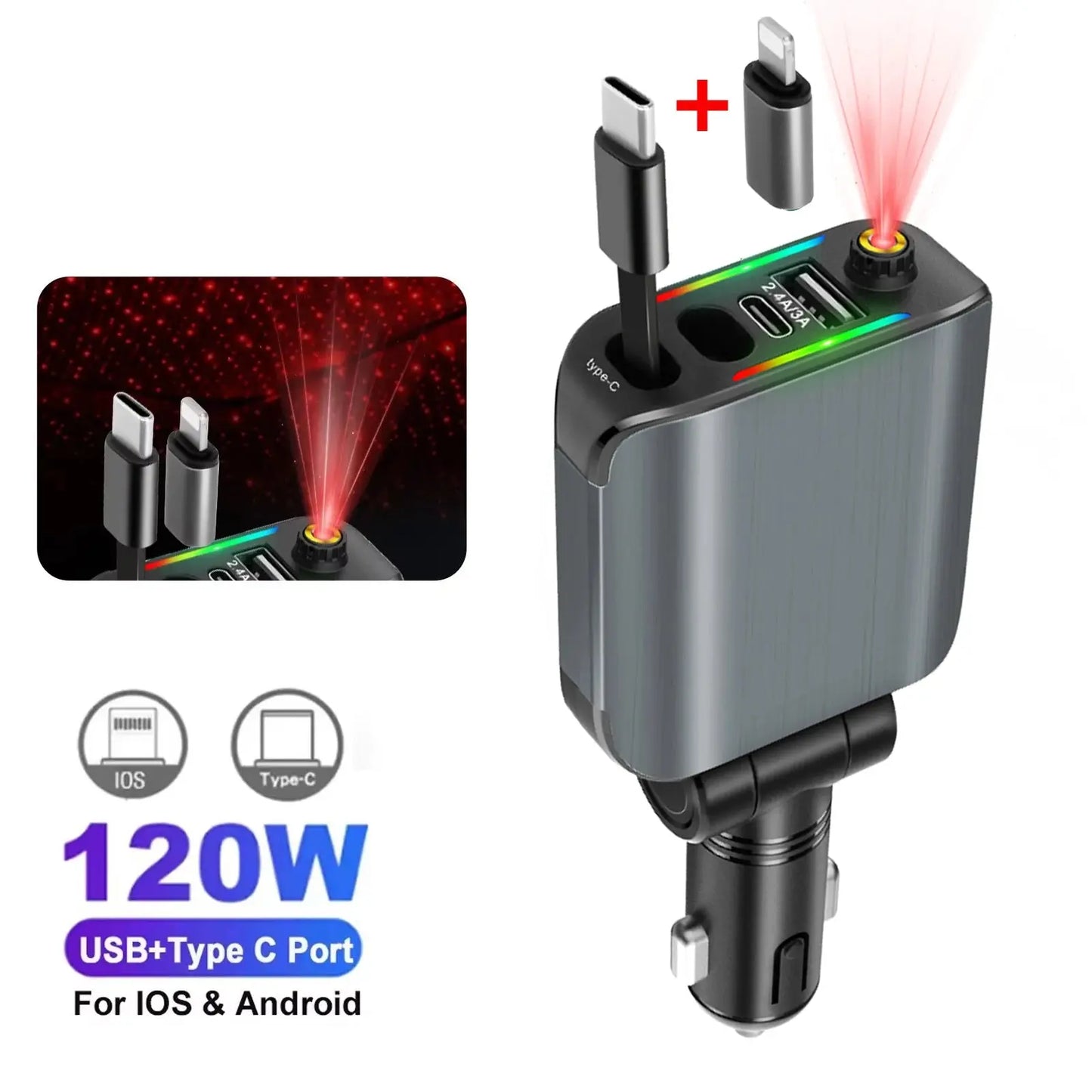 Retractable Charger, Car Charger 5-in-1 180W Power Adapter - Roof Starlight-B Babarify
