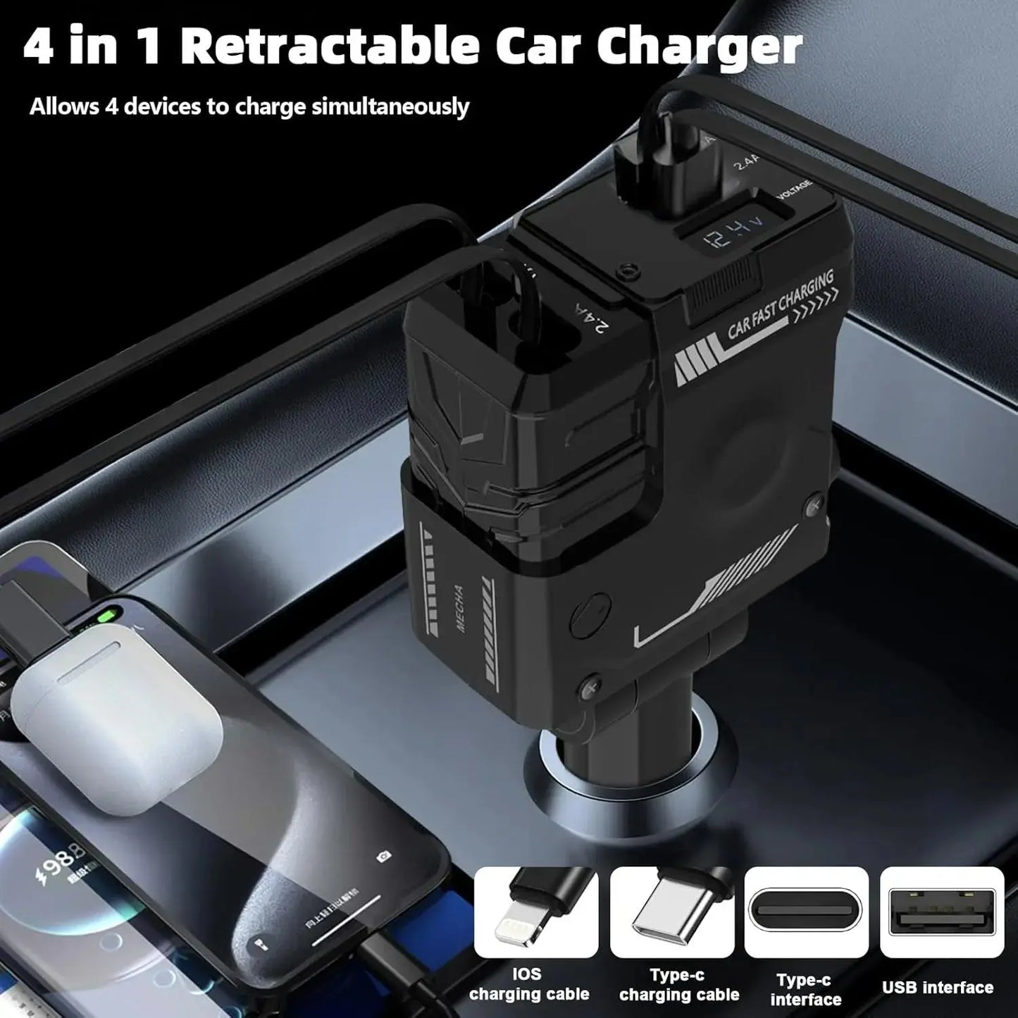 Retractable Car Charger, Super Fast Charger 4-in-1 Adapter - Babarify