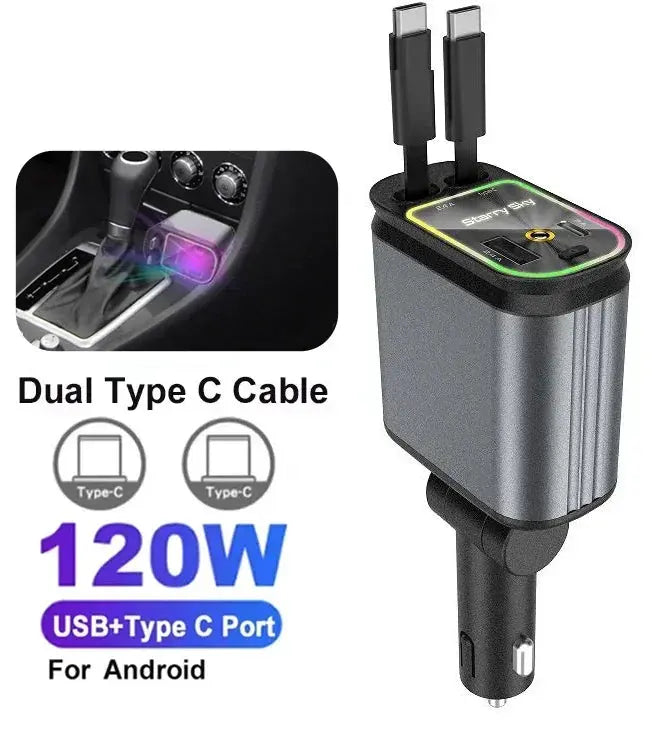 Retractable Charger, Car Charger 5-in-1 180W Power Adapter - Dual TypeC Starlight Babarify