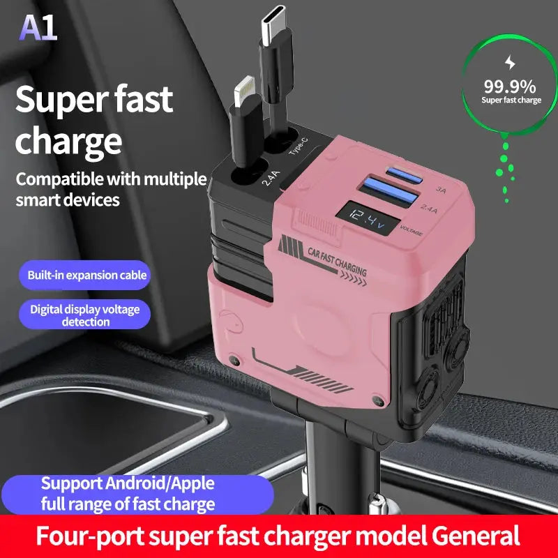 Retractable Car Charger, Super Fast Charger 4-in-1 Adapter - pink Babarify