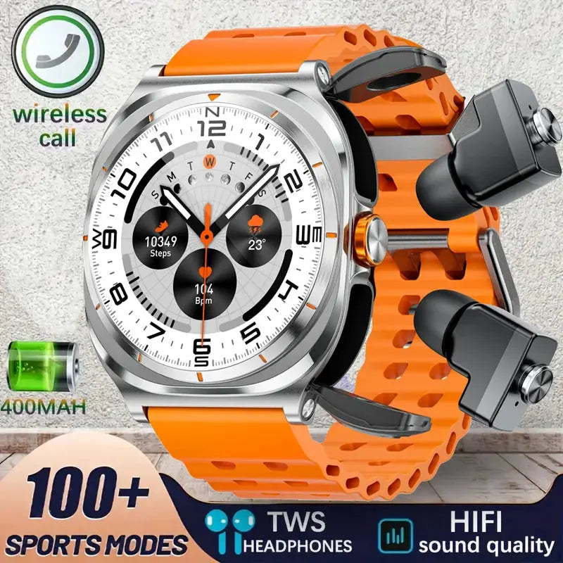 Wireless Bluetooth Smart Watch with TWS Earphones 2-in-1 - Orange silicone tape Babarify