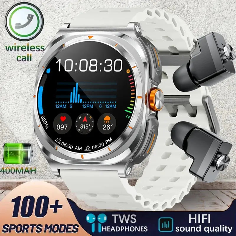 Wireless Bluetooth Smart Watch with TWS Earphones 2-in-1 - White silicone tape Babarify