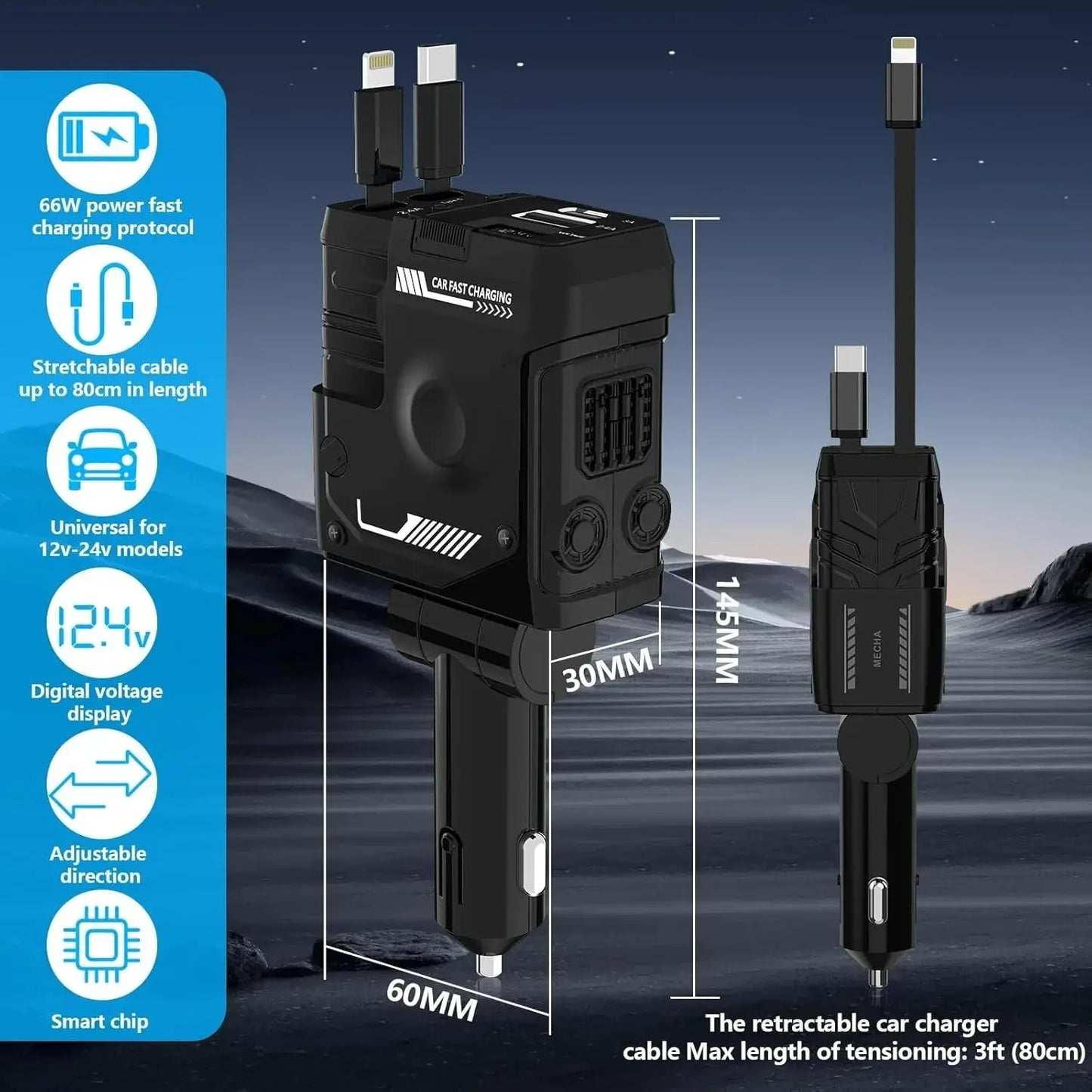 Retractable Car Charger, Super Fast Charger 4-in-1 Adapter - Babarify