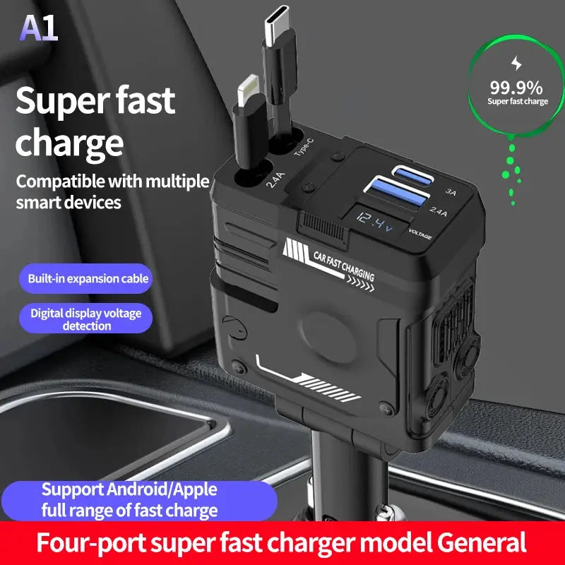 Retractable Car Charger, Super Fast Charger 4-in-1 Adapter - black Babarify