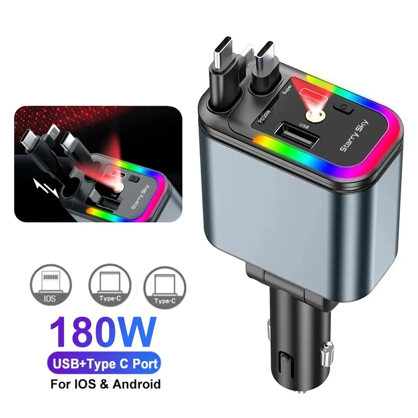 Retractable Charger, Car Charger 5-in-1 180W Power Adapter - Roof Starlight Babarify