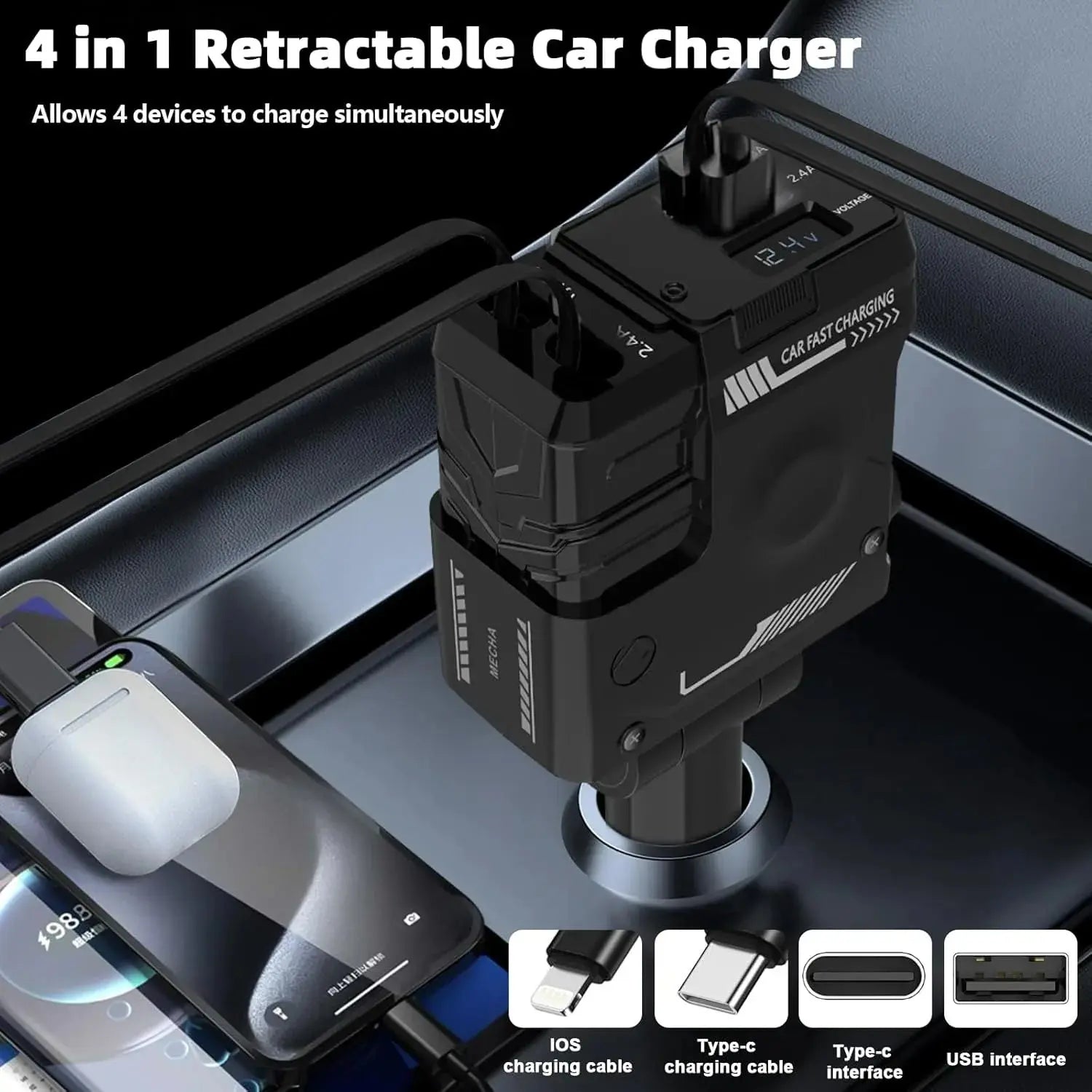 Retractable Car Charger, Super Fast Charger 4-in-1 Adapter -   Babarify