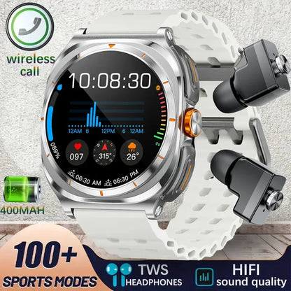 Wireless Bluetooth Smart Watch with TWS Earphones 2-in-1 -  White silicone tape Babarify